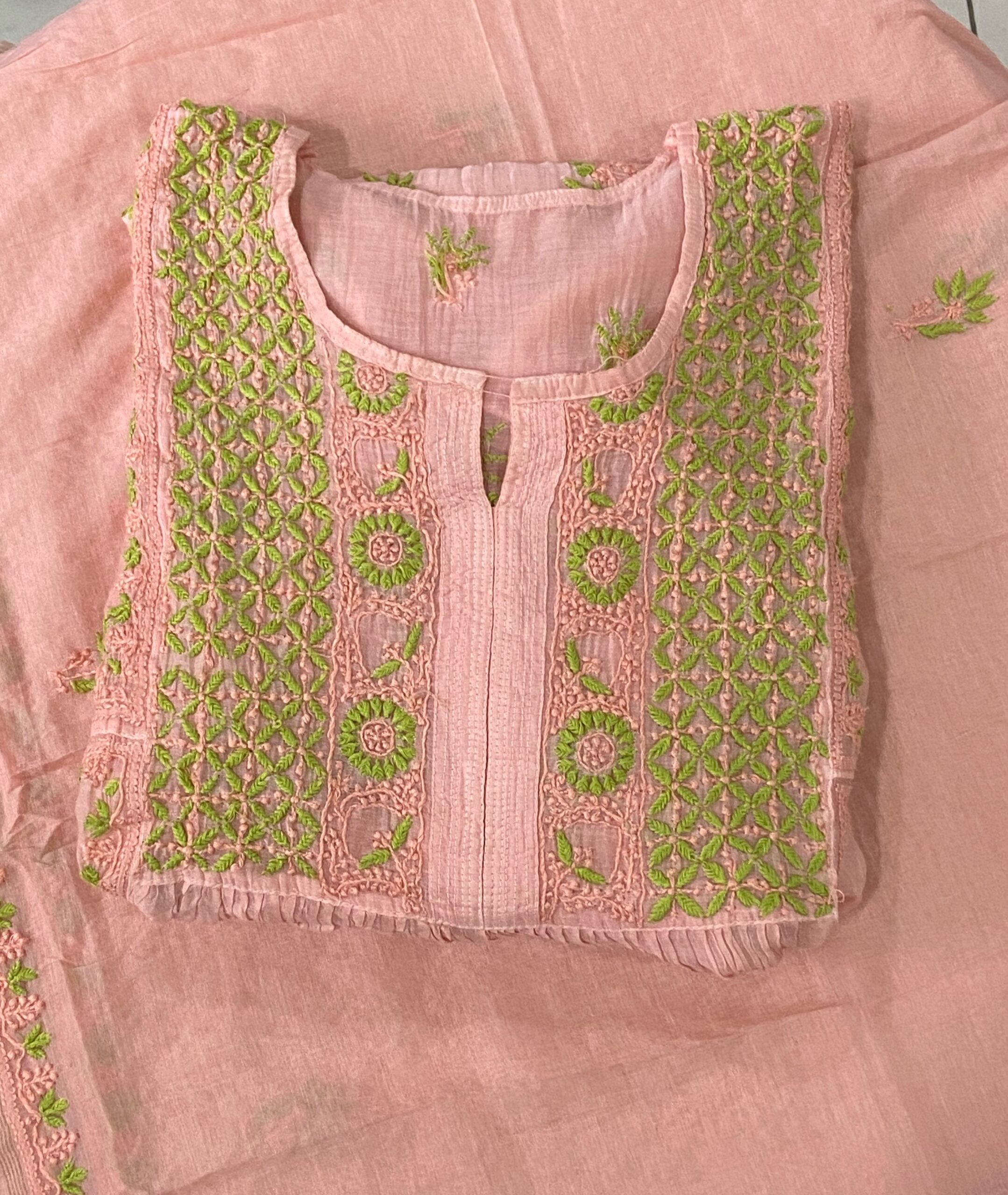 Premium Mulchanderi Chikankari Semi Stitched 2 piece Tunic and Dupatta set – Peach