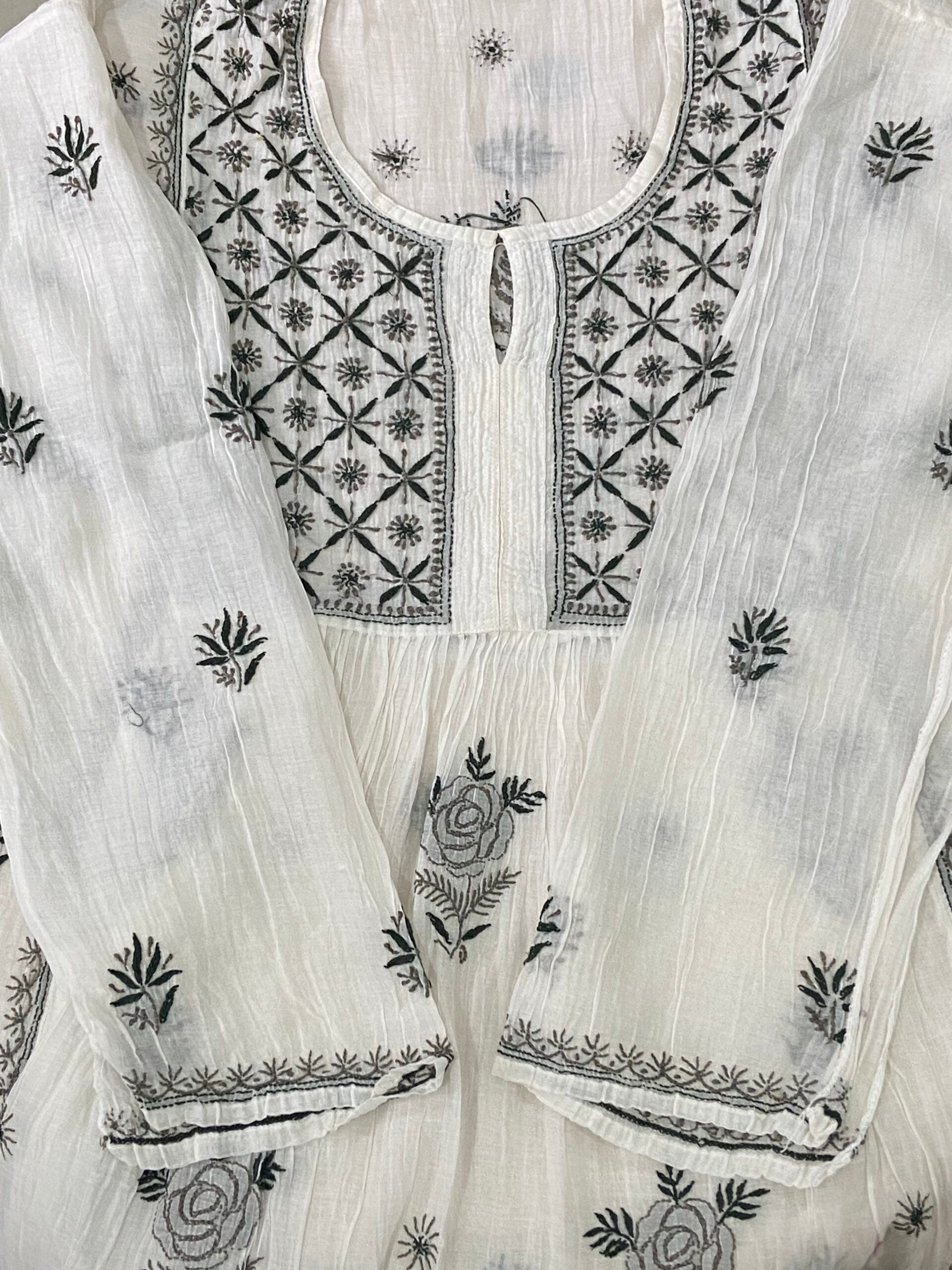 Premium Mulchanderi Chikankari 2 piece Semi Stitched Tunic and Dupatta set - White