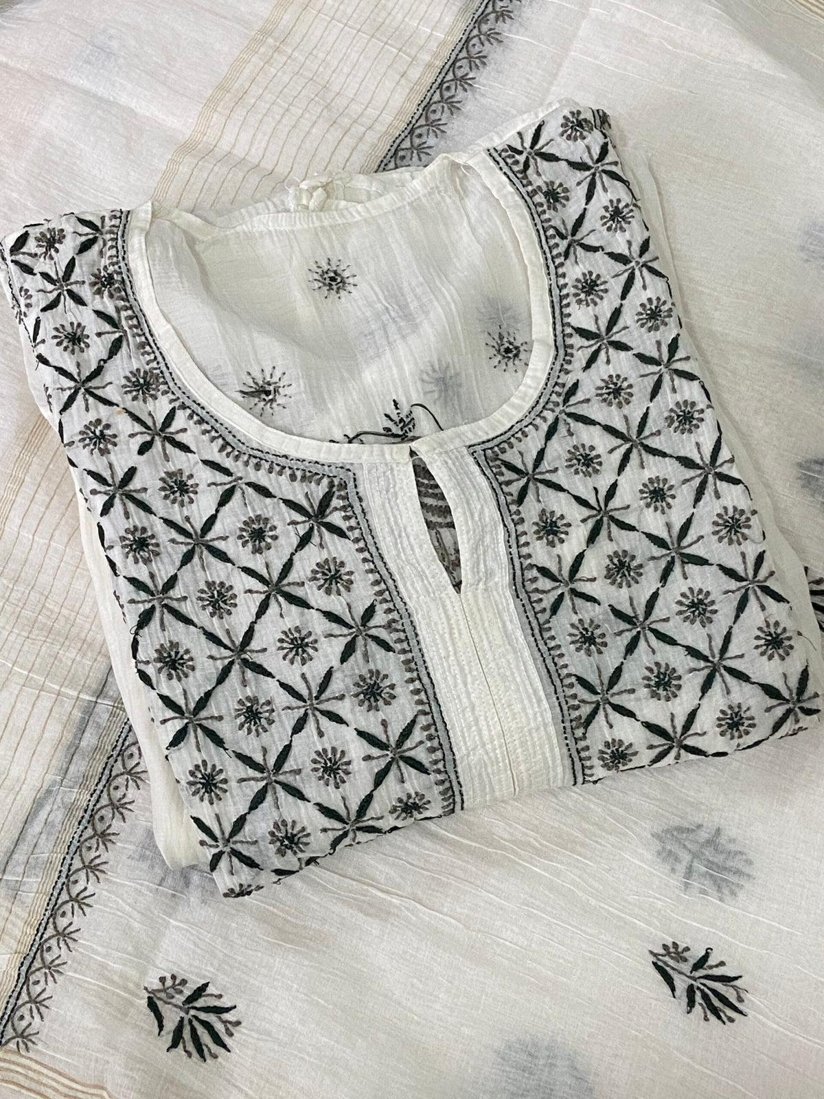Premium Mulchanderi Chikankari 2 piece Semi Stitched Tunic and Dupatta set - White