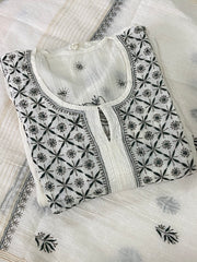 Premium Mulchanderi Chikankari 2 piece Semi Stitched Tunic and Dupatta set - White