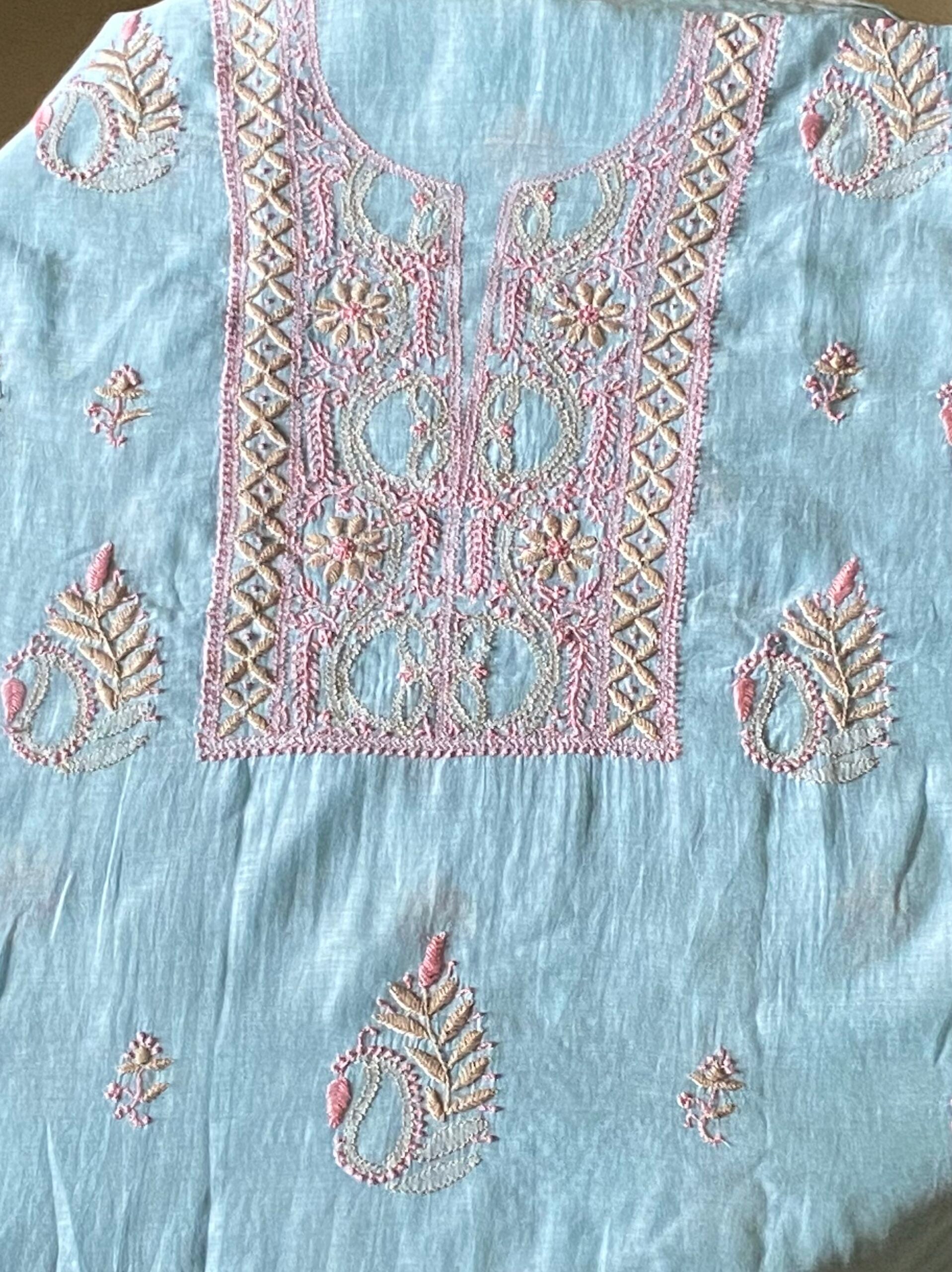 Premium Mul Chanderi 2 piece Chikankari Unstitched Kurta and Dupatta set – Powder Blue