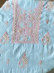 Premium Mul Chanderi 2 piece Chikankari Unstitched Kurta and Dupatta set – Powder Blue