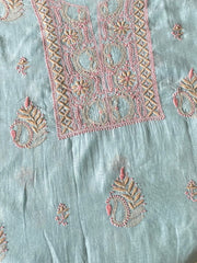 Premium Mul Chanderi 2 piece Chikankari Unstitched Kurta and Dupatta set – Powder Blue