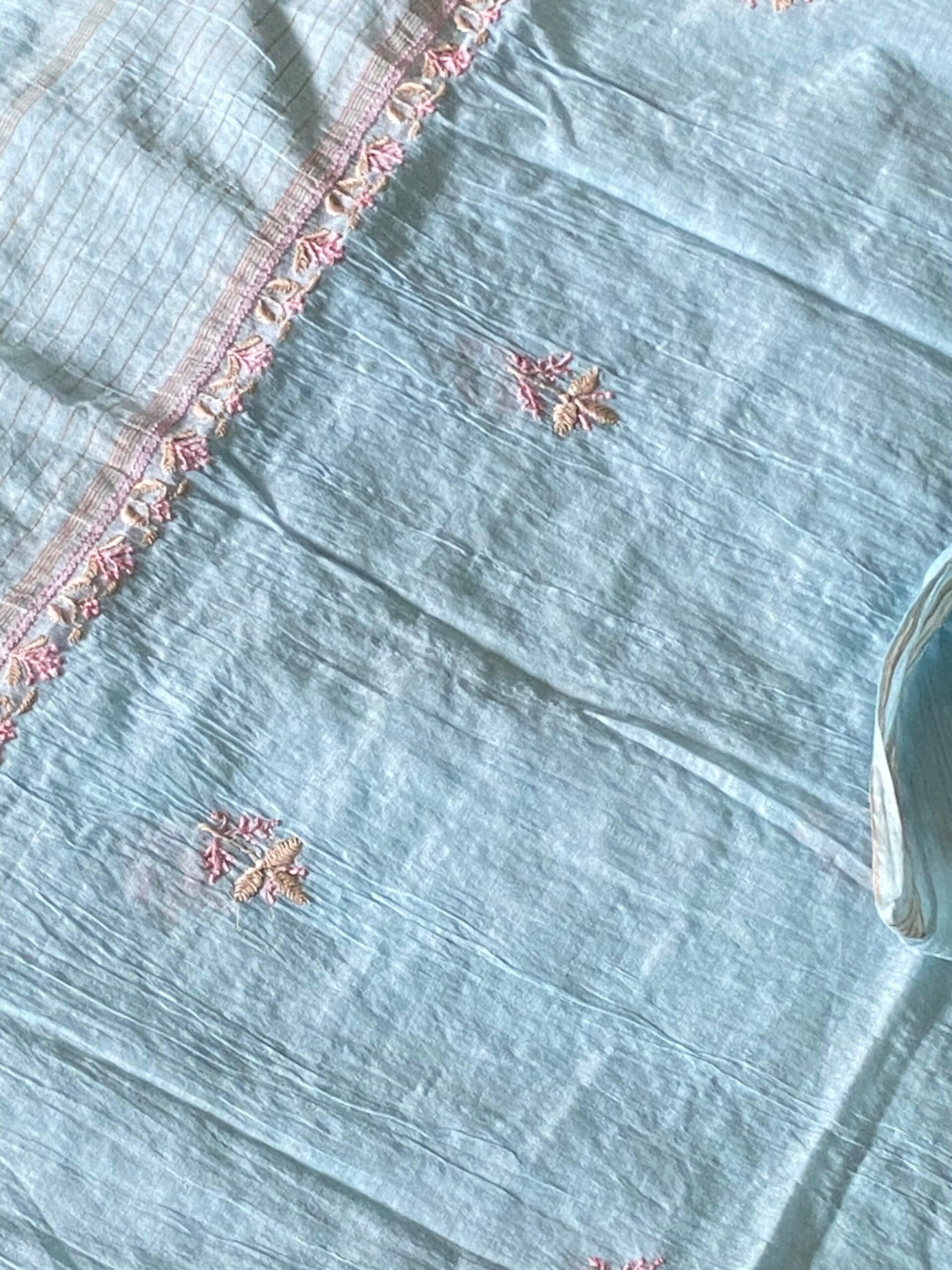 Premium Mul Chanderi 2 piece Chikankari Unstitched Kurta and Dupatta set – Powder Blue