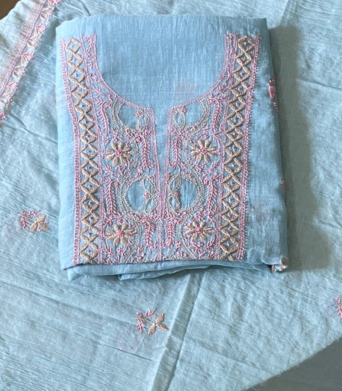 Premium Mul Chanderi 2 piece Chikankari Unstitched Kurta and Dupatta set – Powder Blue