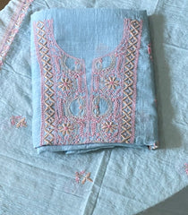 Premium Mul Chanderi 2 piece Chikankari Unstitched Kurta and Dupatta set – Powder Blue