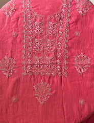 Premium Mul Chanderi 2 piece Chikankari Unstitched Kurta and Dupatta set – Deep Pink
