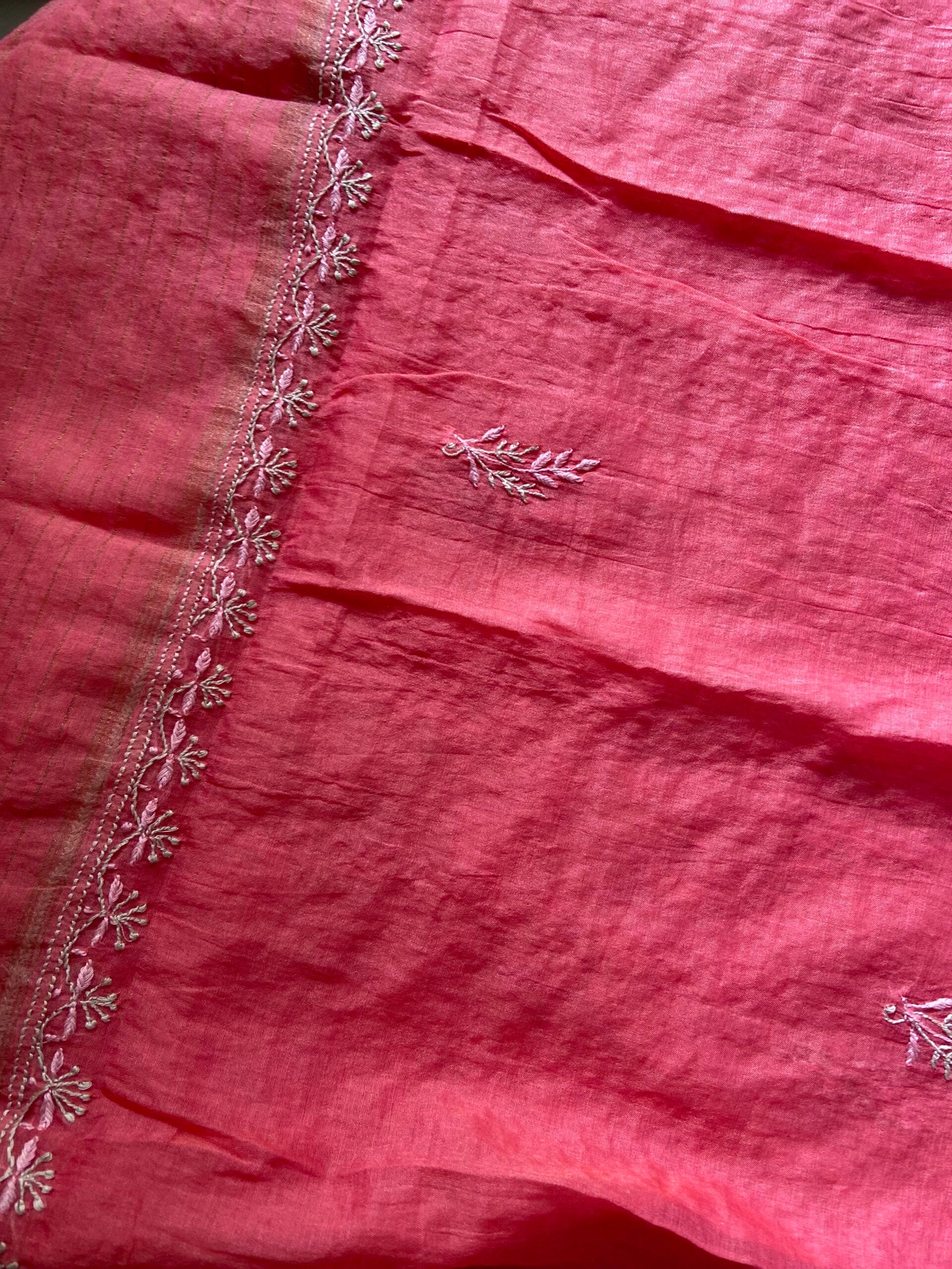 Premium Mul Chanderi 2 piece Chikankari Unstitched Kurta and Dupatta set – Deep Pink