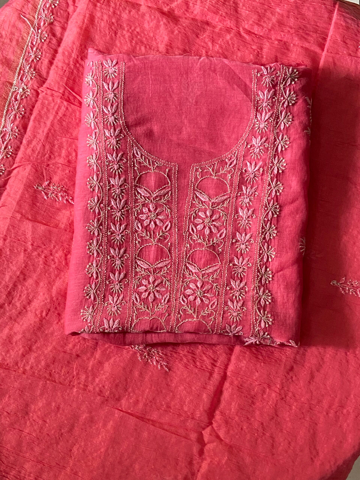 Premium Mul Chanderi 2 piece Chikankari Unstitched Kurta and Dupatta set – Deep Pink