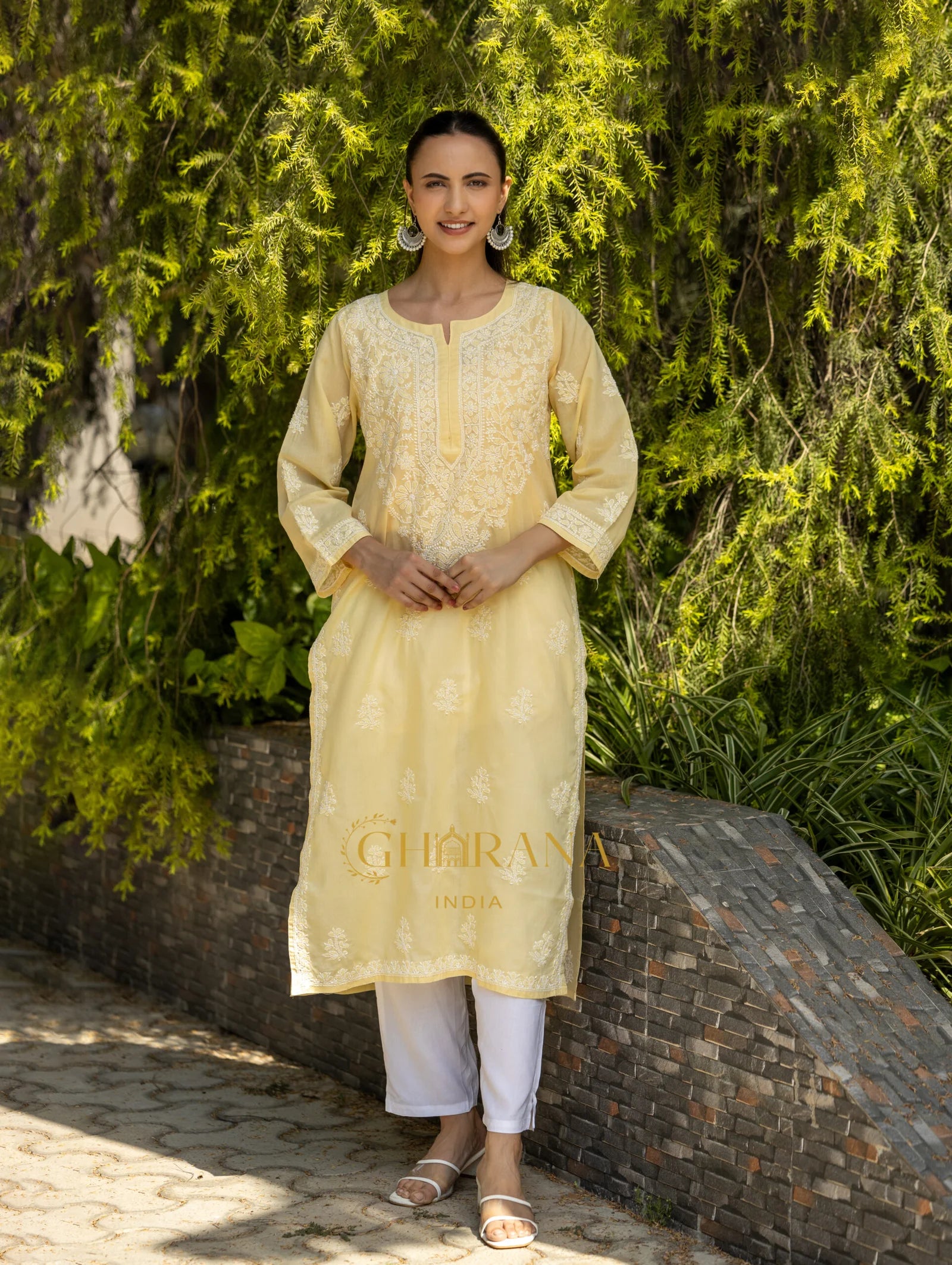 Sahiba Chikankari Pastel Yellow Cotton Kurta with Bakhiya work