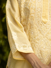 Sahiba Chikankari Pastel Yellow Cotton Kurta with Bakhiya work