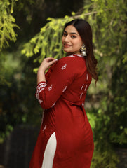 Sahiba Mul Cotton Maroon chikankari Kurta with intricate embroidery.