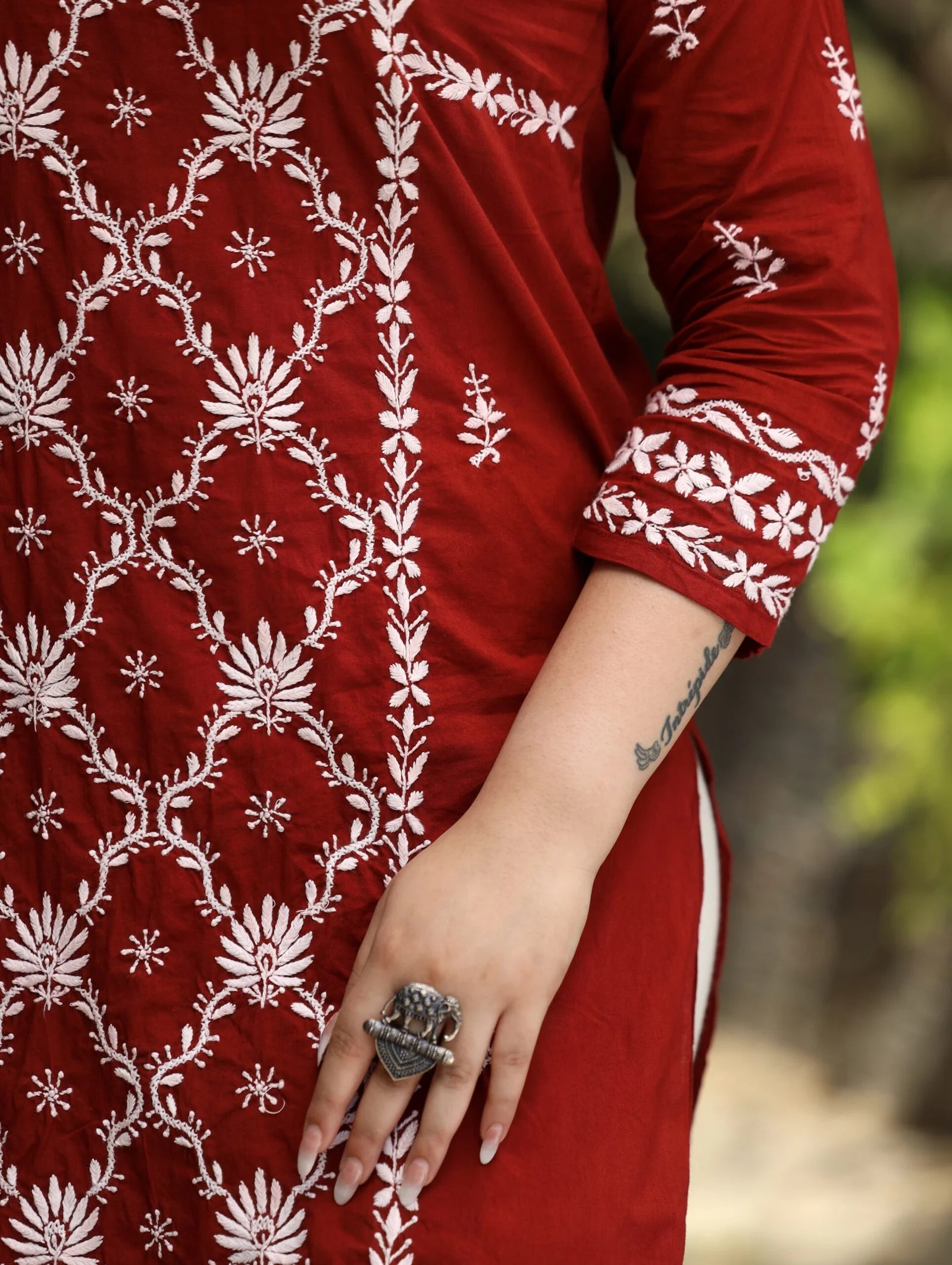 Sahiba Mul Cotton Maroon chikankari Kurta with intricate embroidery.
