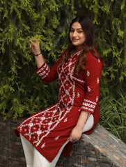 Sahiba Mul Cotton Maroon chikankari Kurta with intricate embroidery.