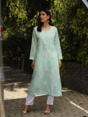 Sahiba Chikankari Pastel Green Cotton Kurta with Bakhiya work