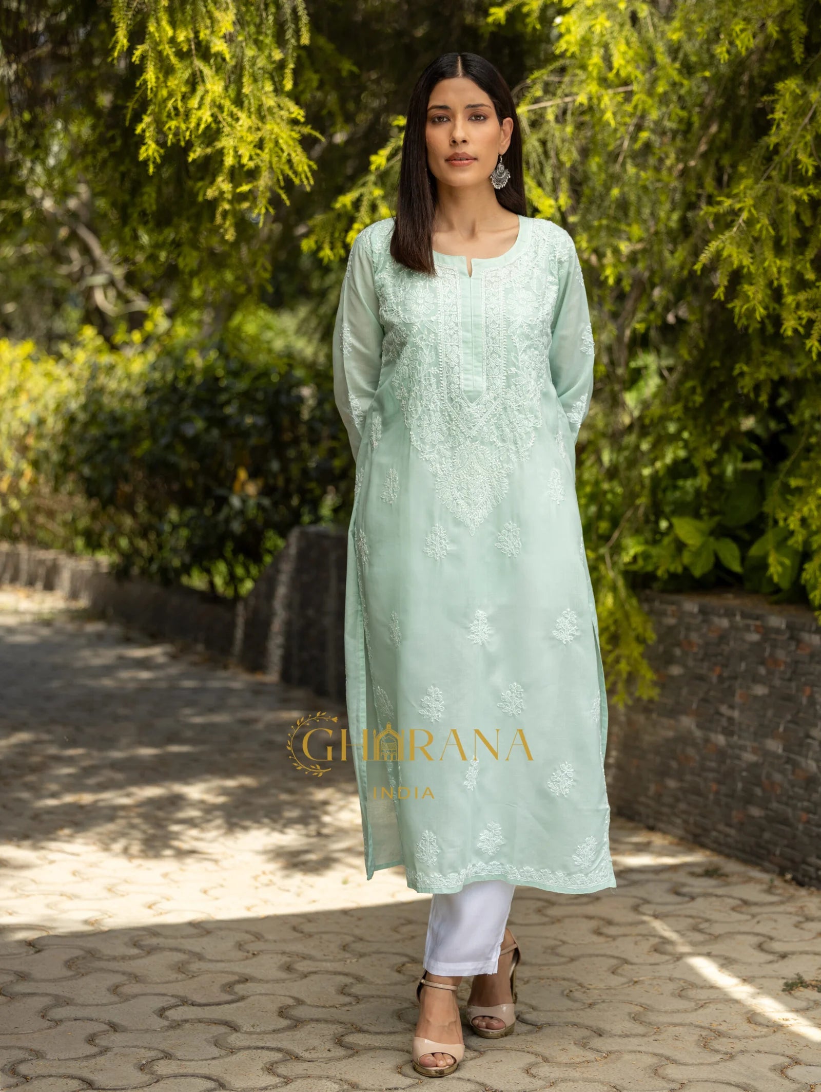Sahiba Chikankari Pastel Green Cotton Kurta with Bakhiya work
