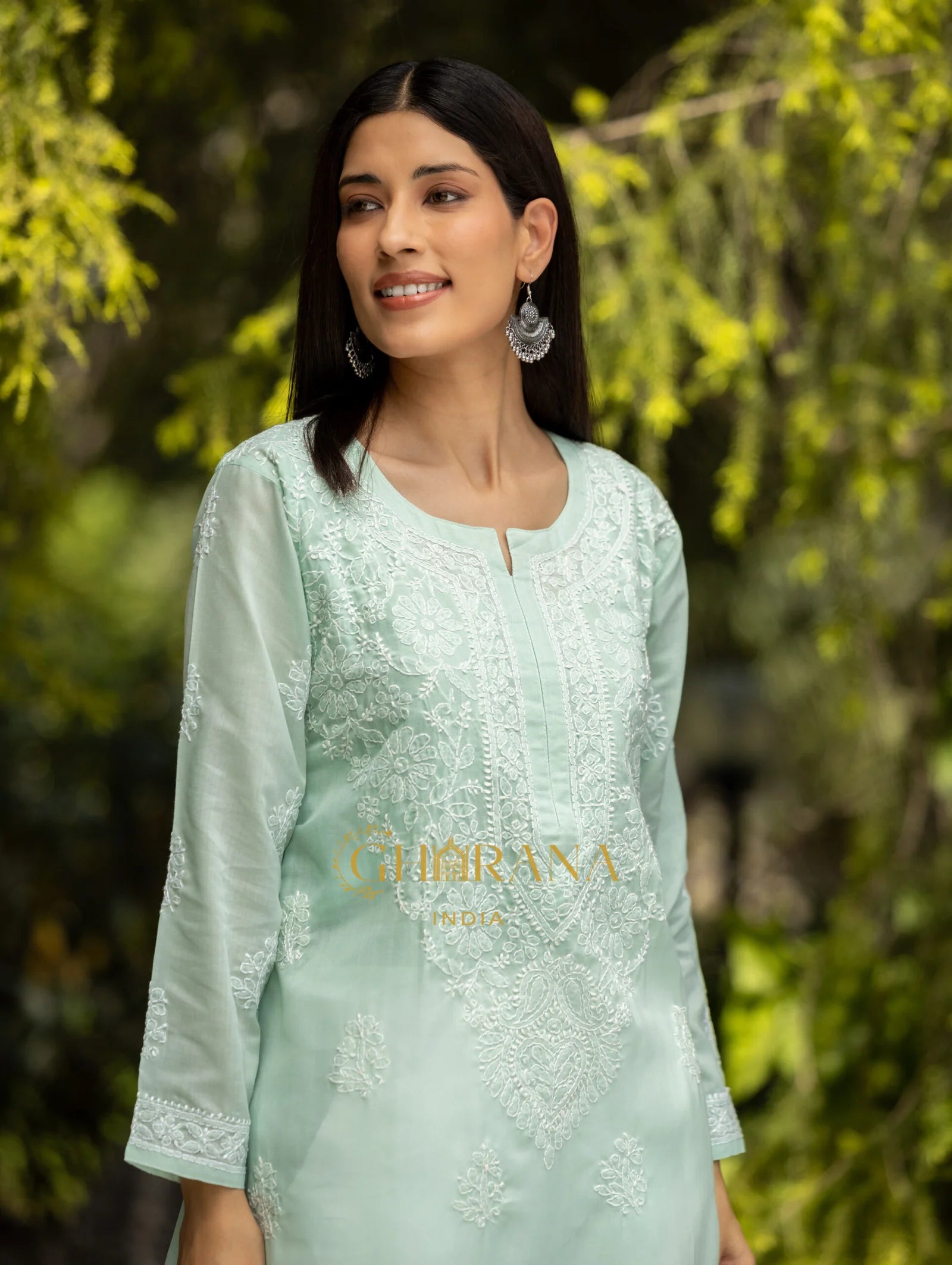 Sahiba Chikankari Pastel Green Cotton Kurta with Bakhiya work