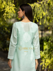 Sahiba Chikankari Pastel Green Cotton Kurta with Bakhiya work