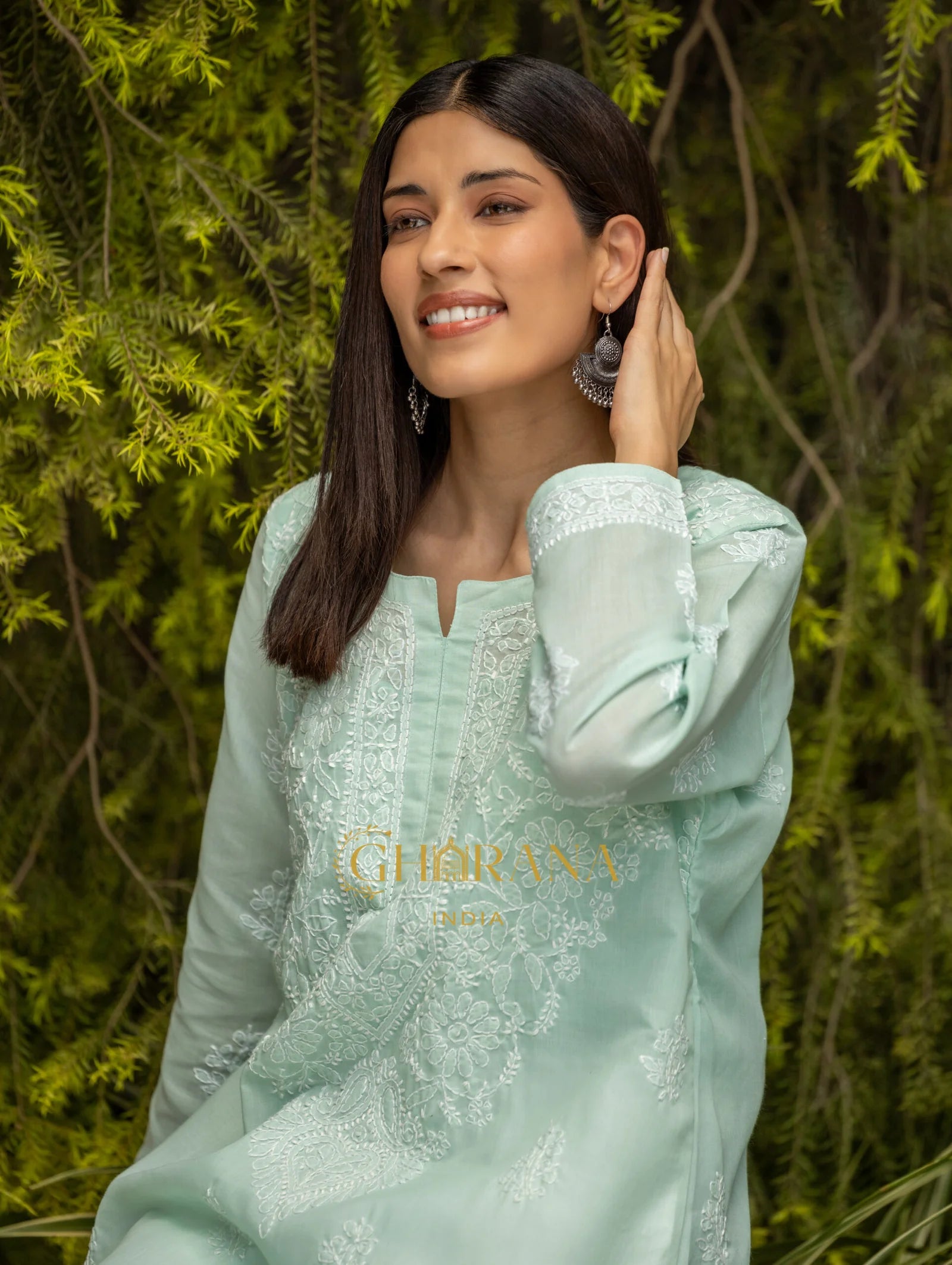 Sahiba Chikankari Pastel Green Cotton Kurta with Bakhiya work