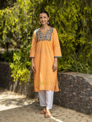 Ishq Mul Cotton Blush Orange fine chikankari Kurta in blue thread