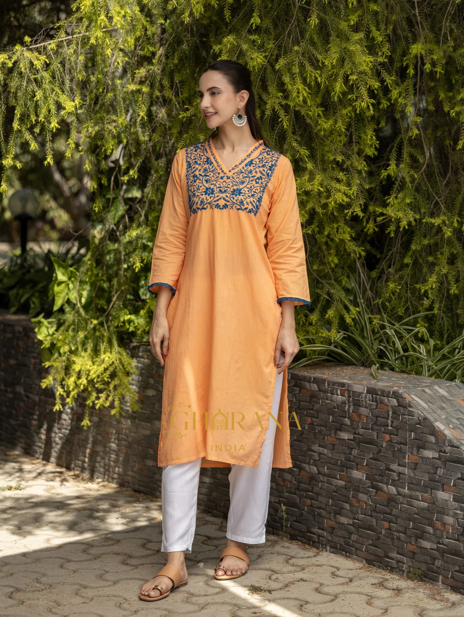 Ishq Mul Cotton Blush Orange fine chikankari Kurta in blue thread
