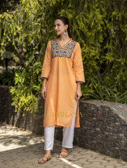 Ishq Mul Cotton Blush Orange fine chikankari Kurta in blue thread