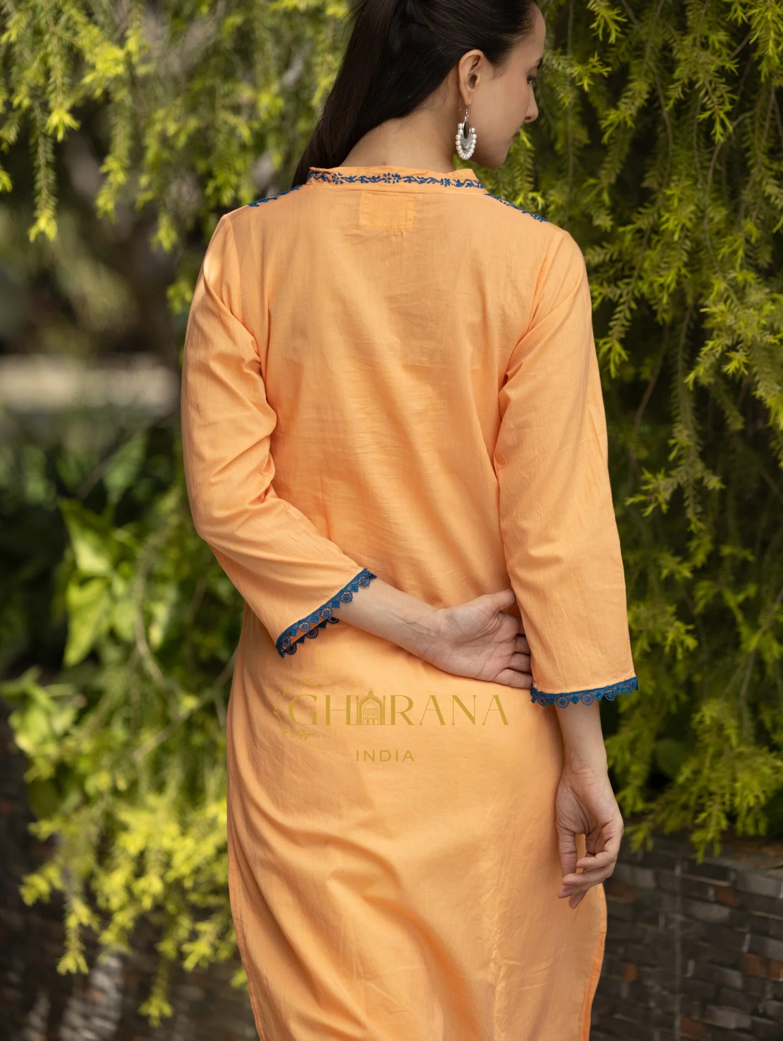 Ishq Mul Cotton Blush Orange fine chikankari Kurta in blue thread