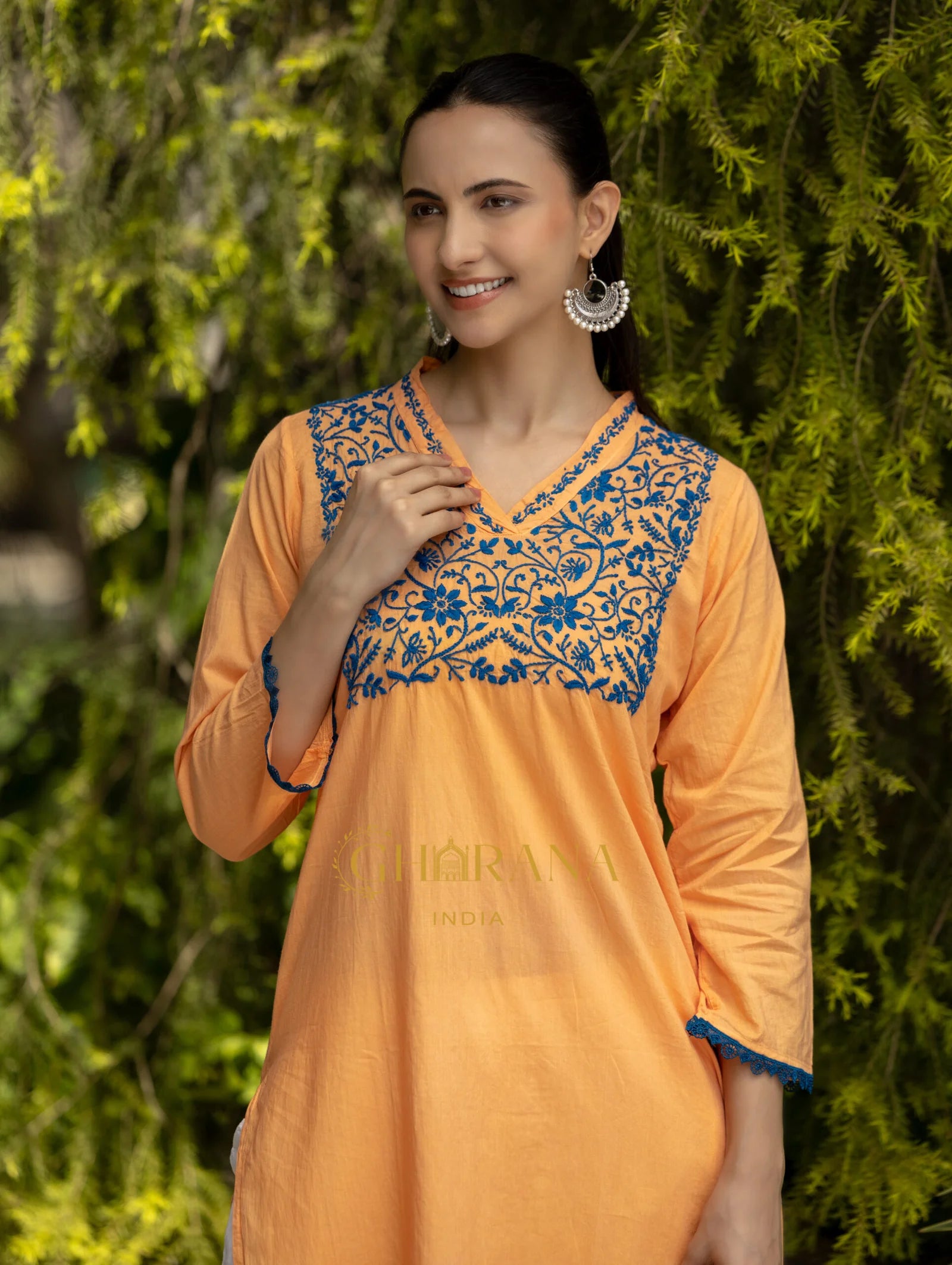 Ishq Mul Cotton Blush Orange fine chikankari Kurta in blue thread