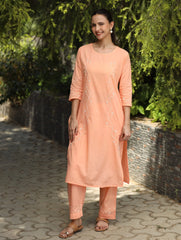 Heer Mul Cotton 2 PC Peach chikankari Kurta set