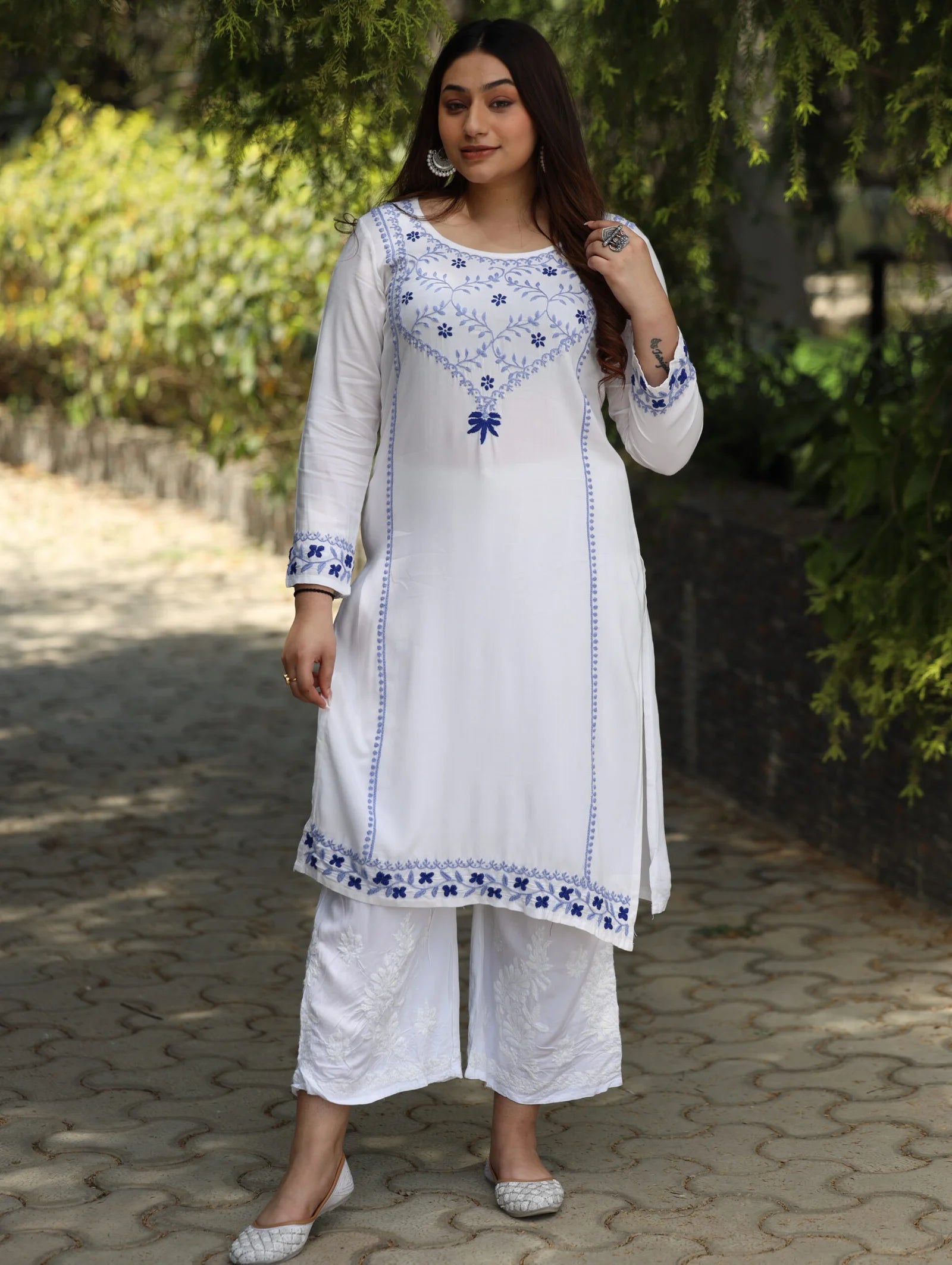 Heer Modal Cotton White Chikankari Kurta in 2 shades of blue