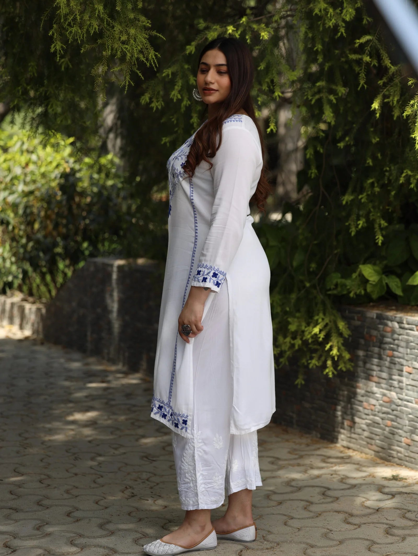 Heer Modal Cotton White Chikankari Kurta in 2 shades of blue