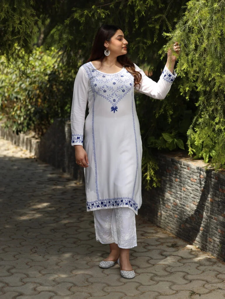 Heer Modal Cotton White Chikankari Kurta in 2 shades of blue