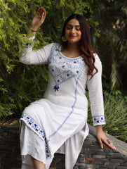 Heer Modal Cotton White Chikankari Kurta in 2 shades of blue