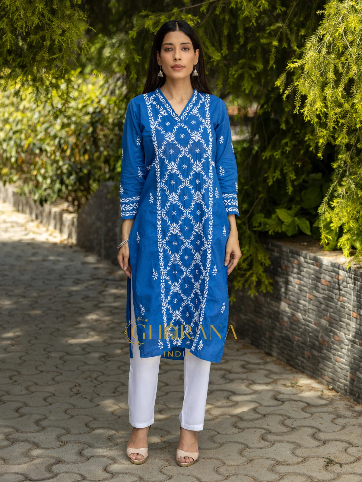 Sahiba Mul Cotton Blue Chikankari Kurta with intricate embroidery.