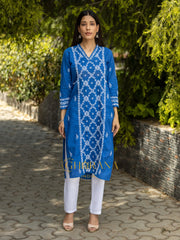 Sahiba Mul Cotton Blue Chikankari Kurta with intricate embroidery.