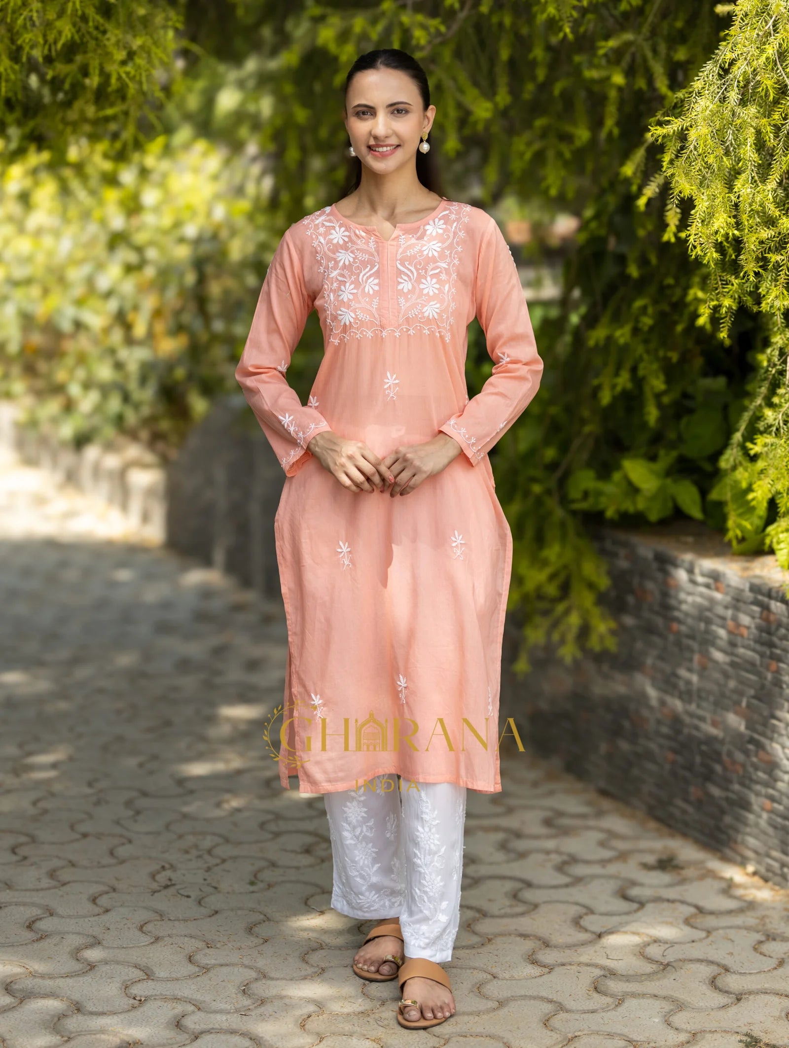 Sahiba Peach Pink Pure Cotton Chikankari Kurta with very intricate hand embroidery.