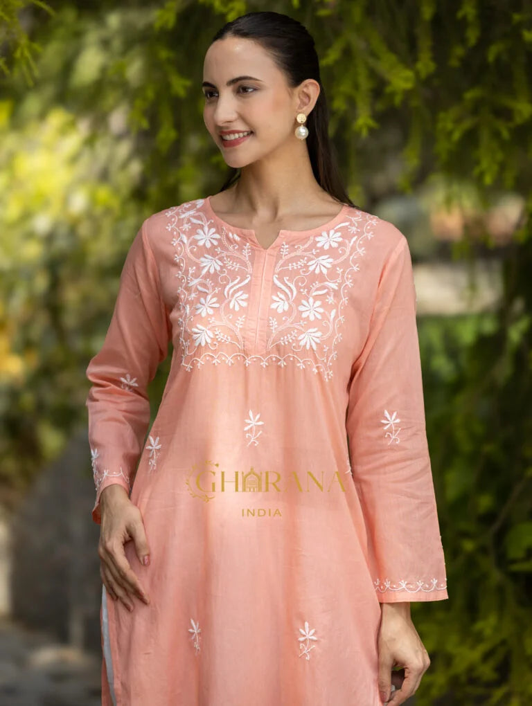 Sahiba Peach Pink Pure Cotton Chikankari Kurta with very intricate hand embroidery.