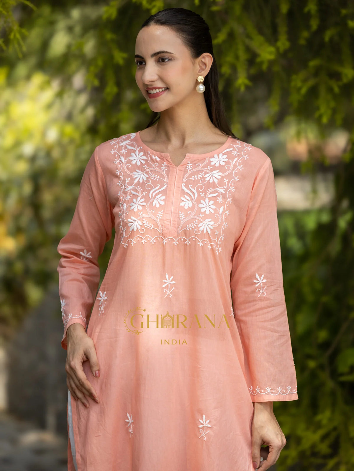 Sahiba Peach Pink Pure Cotton Chikankari Kurta with very intricate hand embroidery.