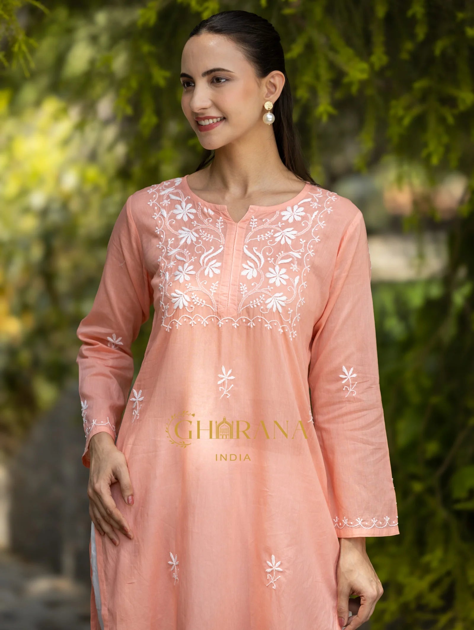 Sahiba Peach Pink Pure Cotton Chikankari Kurta with very intricate hand embroidery.