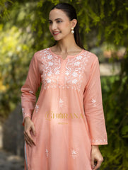 Sahiba Peach Pink Pure Cotton Chikankari Kurta with very intricate hand embroidery.