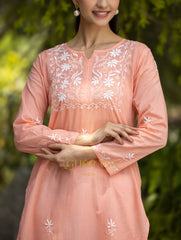 Sahiba Peach Pink Pure Cotton Chikankari Kurta with very intricate hand embroidery.