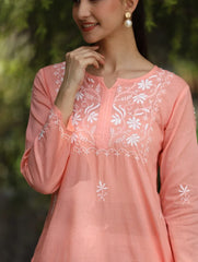Sahiba Peach Pink Pure Cotton Chikankari Kurta with very intricate hand embroidery.
