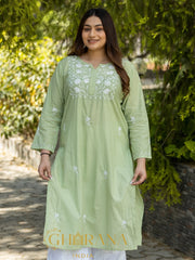 Sahiba Light Green Pure Cotton Chikankari Kurta with very intricate hand embroidery.