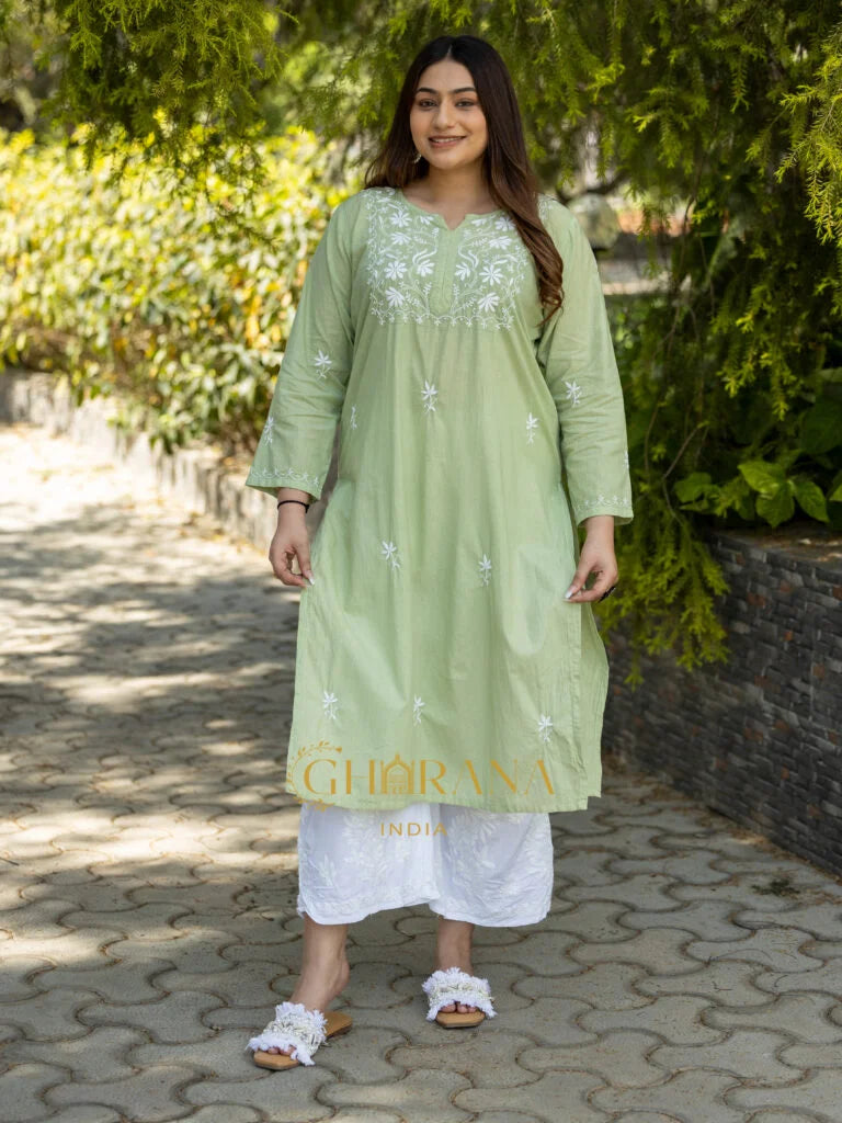 Sahiba Light Green Pure Cotton Chikankari Kurta with very intricate hand embroidery.