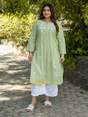 Sahiba Light Green Pure Cotton Chikankari Kurta with very intricate hand embroidery.