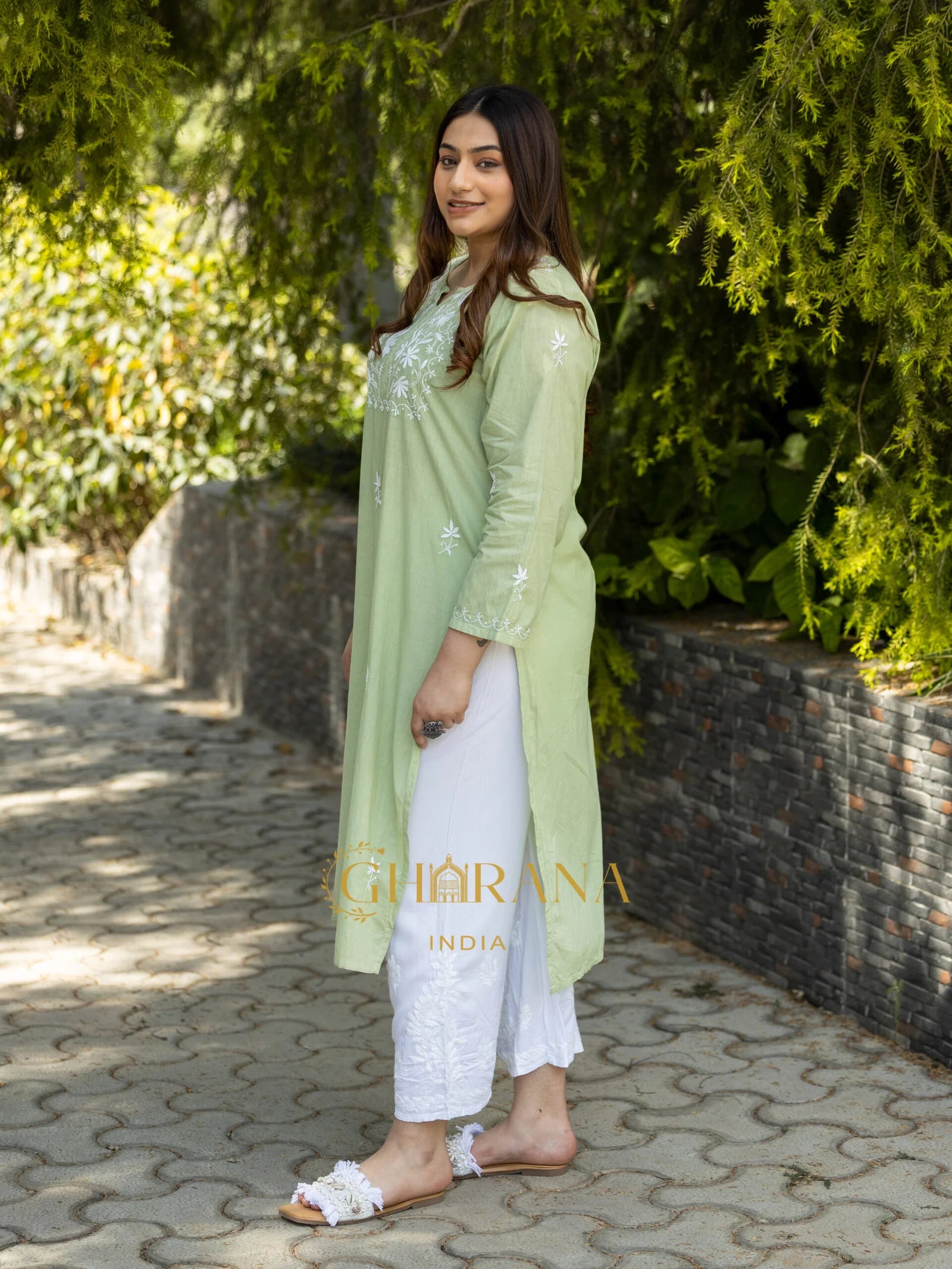 Sahiba Light Green Pure Cotton Chikankari Kurta with very intricate hand embroidery.