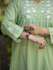 Sahiba Light Green Pure Cotton Chikankari Kurta with very intricate hand embroidery.
