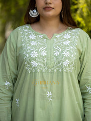 Sahiba Light Green Pure Cotton Chikankari Kurta with very intricate hand embroidery.