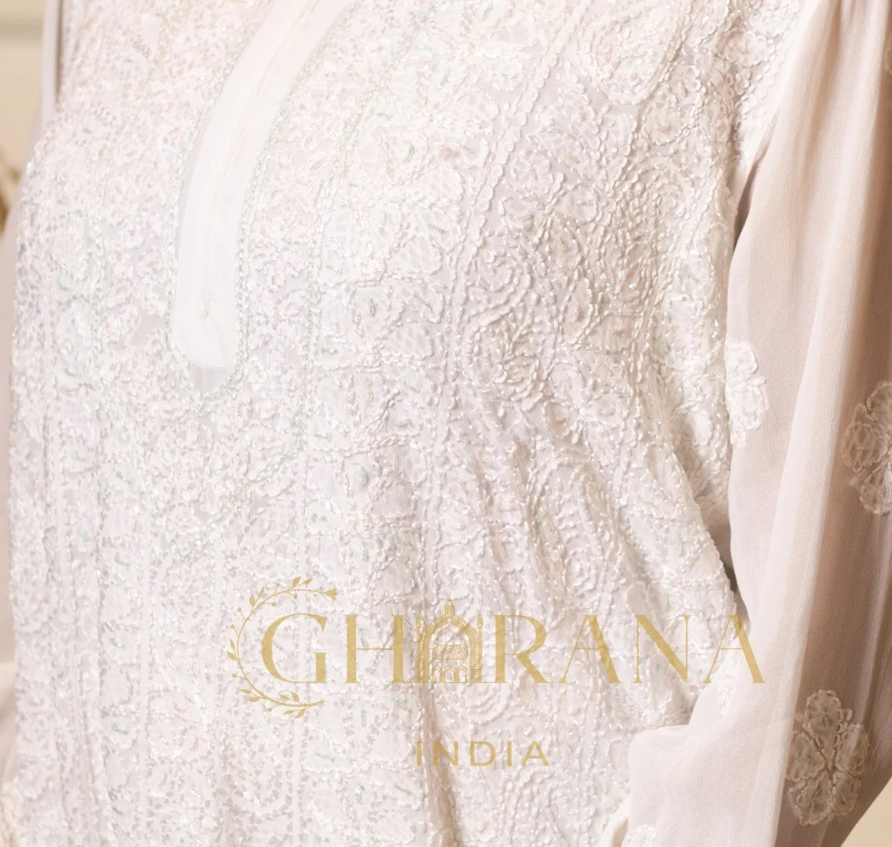Kiara Georgette Chikankari Kurta in resham jaal and pastel Katdana