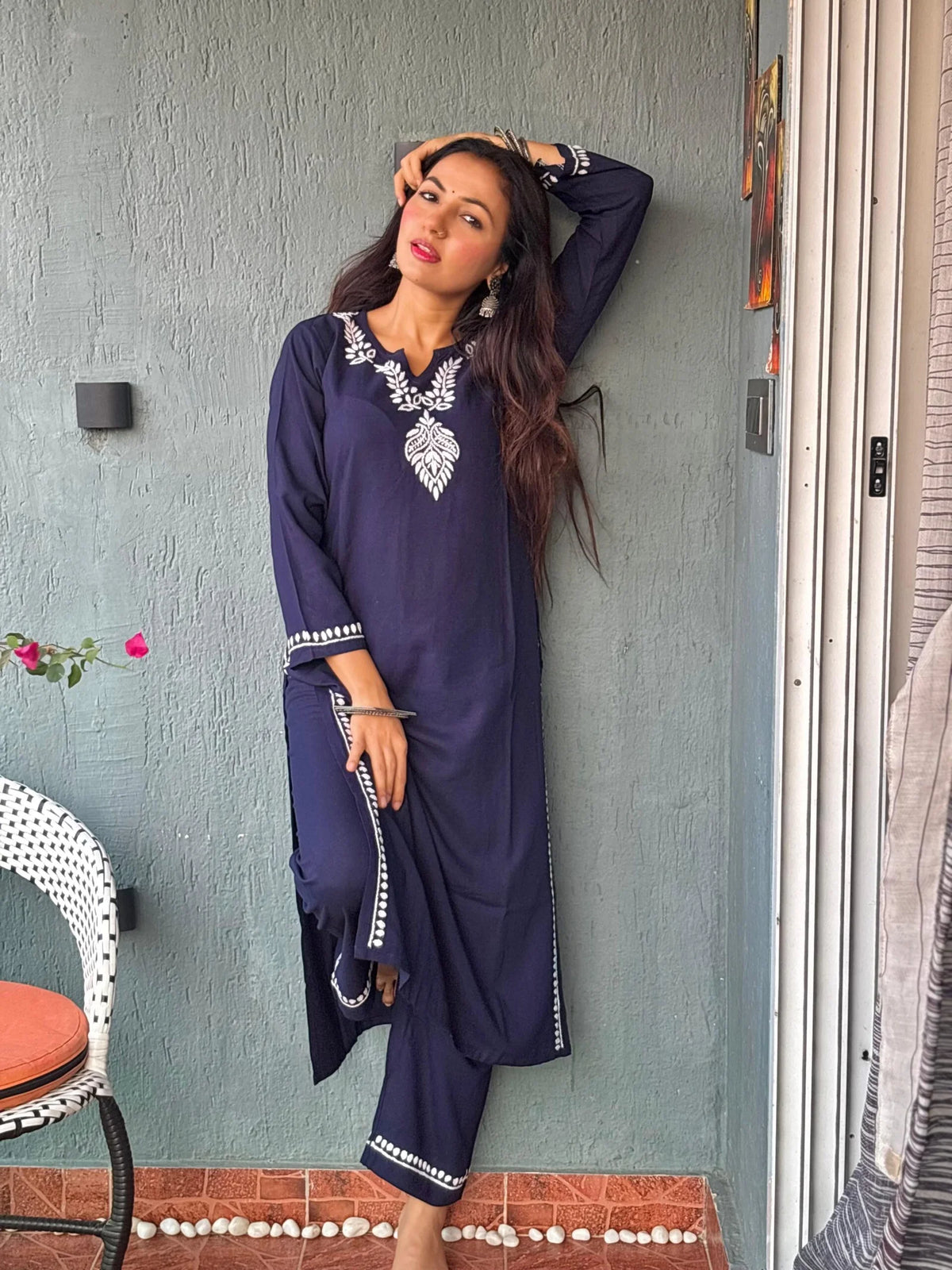 Heer Rayon 2 PC Navy Blue chikankari kurta set
